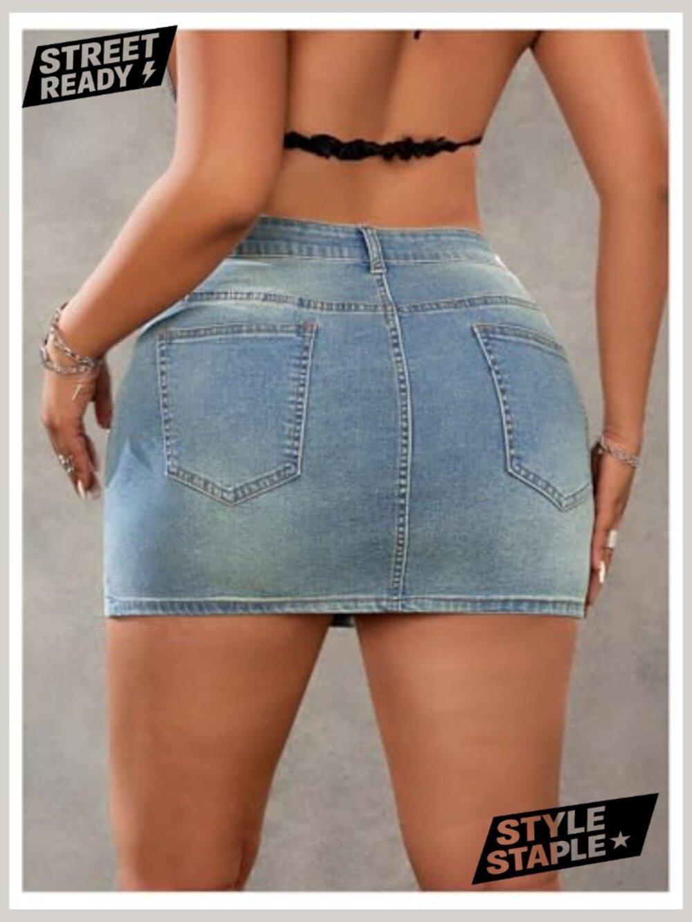 Plus Size Rhinestone Glitter Denim Mini Skirt with Pockets High Waist - Picture 2 of 5